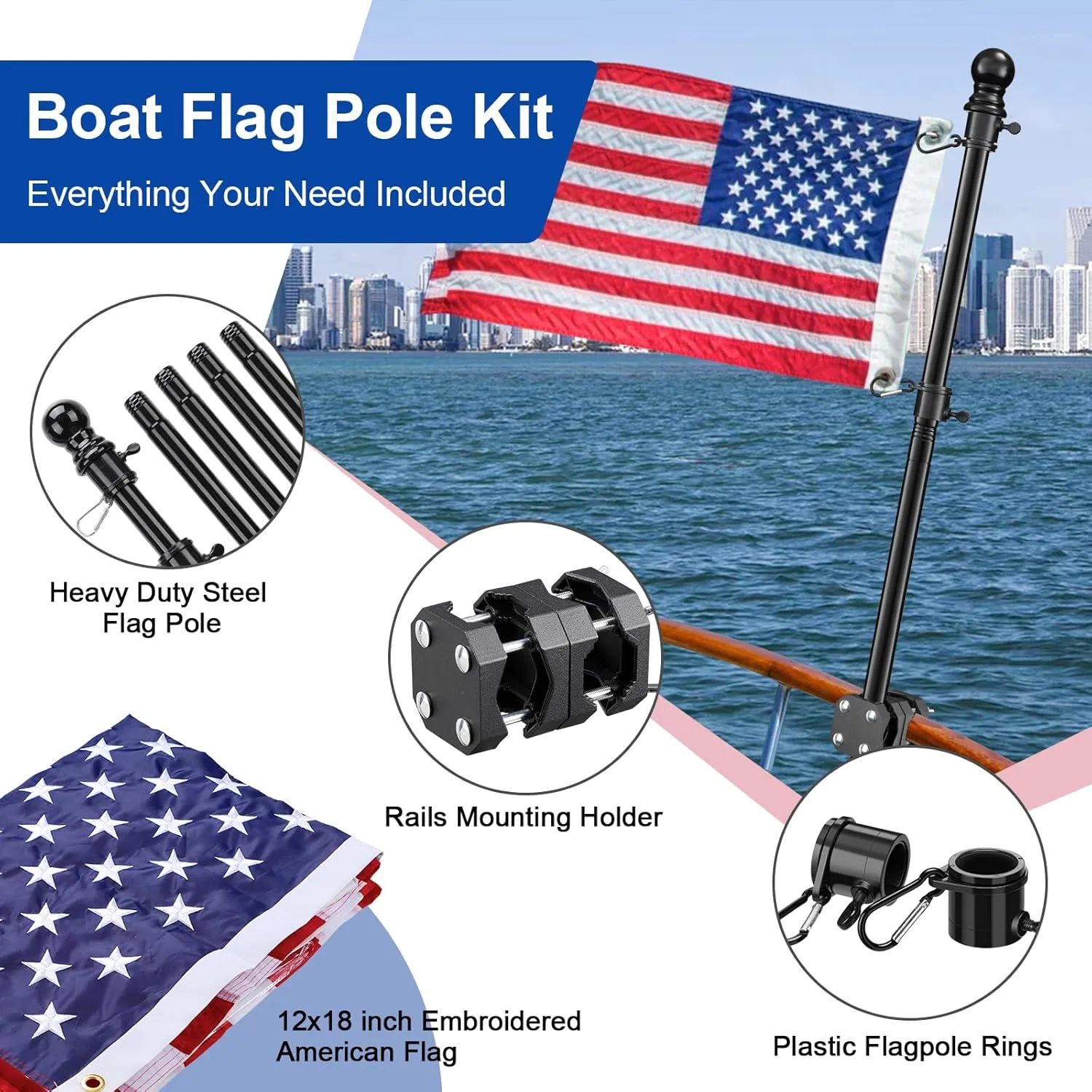 Boat Flag Pole, 48 Inch Boat Flag Pole Kit Rail Mount with 12x18 inch Embroidered American Flag, No Drilling Flag Pole Holder for 0.5-1.1 Inch Rails