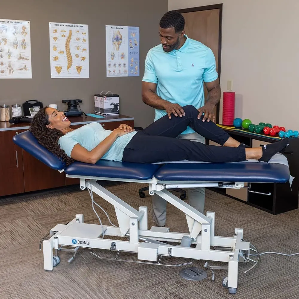 BodyMed 3 Section Hi-Lo Treatment Table, Blue, 77 in. x 27 in. x 18–36 in. – Durable, Adjustable Physical Therapy Table – ADA Compliant – Bar Activated Elevation – Foam Padding & Vinyl Upholstery