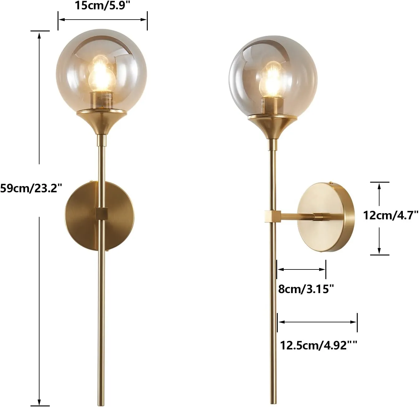 BOKT Brushed Brass Gold Wall Mounted Sconce Mid Century Modern Globe Wall Light Fixture Vintage Long Pole Arm Wall Lamp Smoke Gray Glass Wall Sconce Lighting (Smoke Gray)