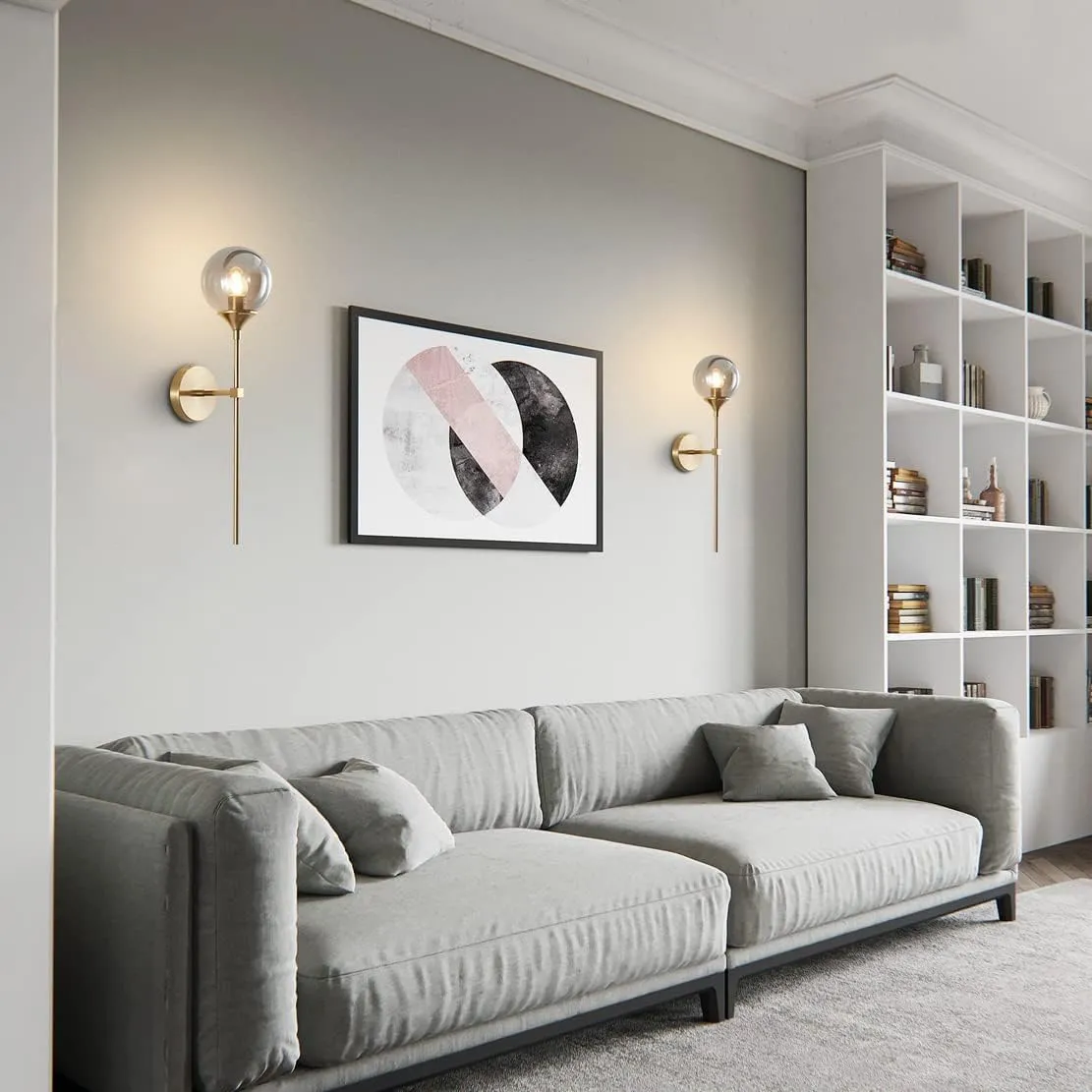 BOKT Brushed Brass Gold Wall Mounted Sconce Mid Century Modern Globe Wall Light Fixture Vintage Long Pole Arm Wall Lamp Smoke Gray Glass Wall Sconce Lighting (Smoke Gray)