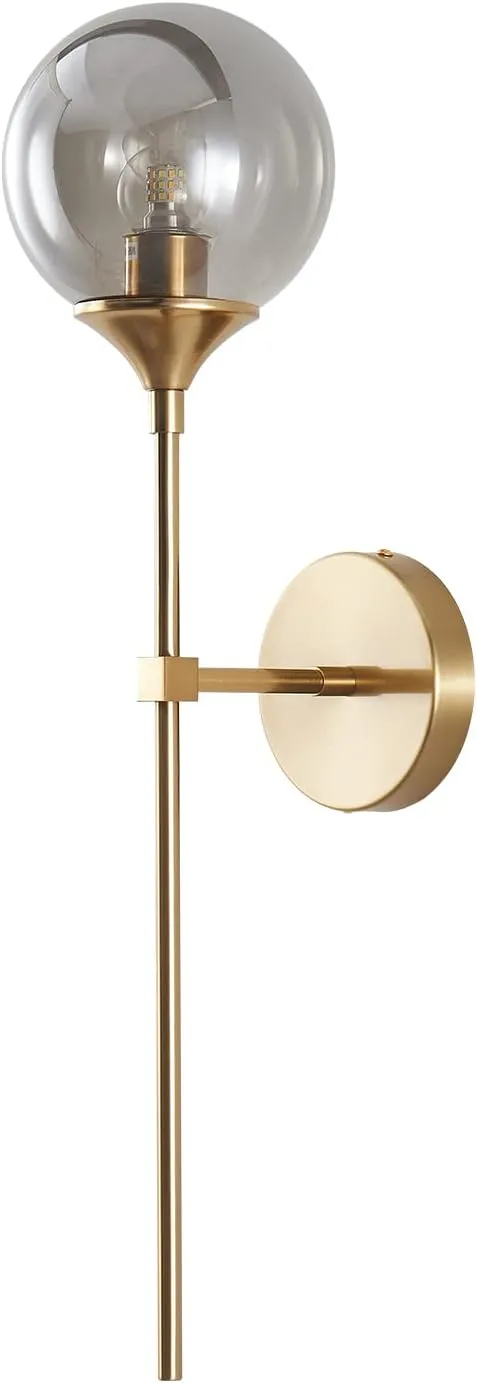 BOKT Brushed Brass Gold Wall Mounted Sconce Mid Century Modern Globe Wall Light Fixture Vintage Long Pole Arm Wall Lamp Smoke Gray Glass Wall Sconce Lighting (Smoke Gray)