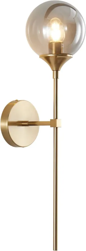 BOKT Brushed Brass Gold Wall Mounted Sconce Mid Century Modern Globe Wall Light Fixture Vintage Long Pole Arm Wall Lamp Smoke Gray Glass Wall Sconce Lighting (Smoke Gray)