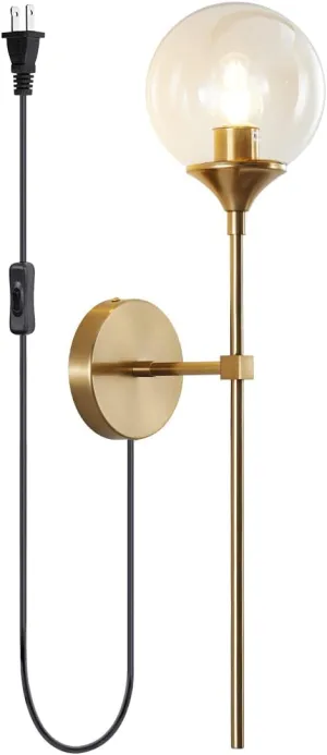 BOKT Mid Century Modern Gold Long Pole Wall Sconce Lighting Plug in Cord Minimalist Amber Glass Globe Wall Sconce Light Plug in Vintage Bathroom Bar Wall Lamp Light Fixture (Amber-Plug in)