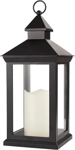 Bright Zeal 14" Tall Vintage Decorative LED Lantern With Pillar Candle - Waterproof Outdoor Battery Powered Black Lantern for Wedding Decor
