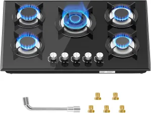 Built-in Gas Cooktop 5 Burner 30 inch, Dual Fuel Tempered Glass Gas Stovetop Propane/Natural Gas Convertible,Thermocouple Protection,35900BTU
