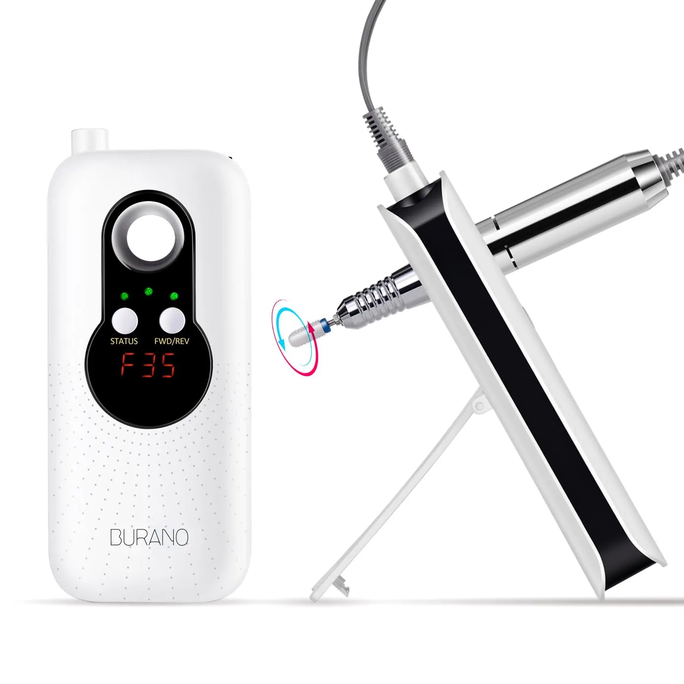 BURANO Rechargeable 35000RPM Electric Nail Drill, Portable E File for Acrylic Nails, 10 Hours Long Life Battery Nail Drill for Acrylic Nails , High Speed Cordless for Professional Use