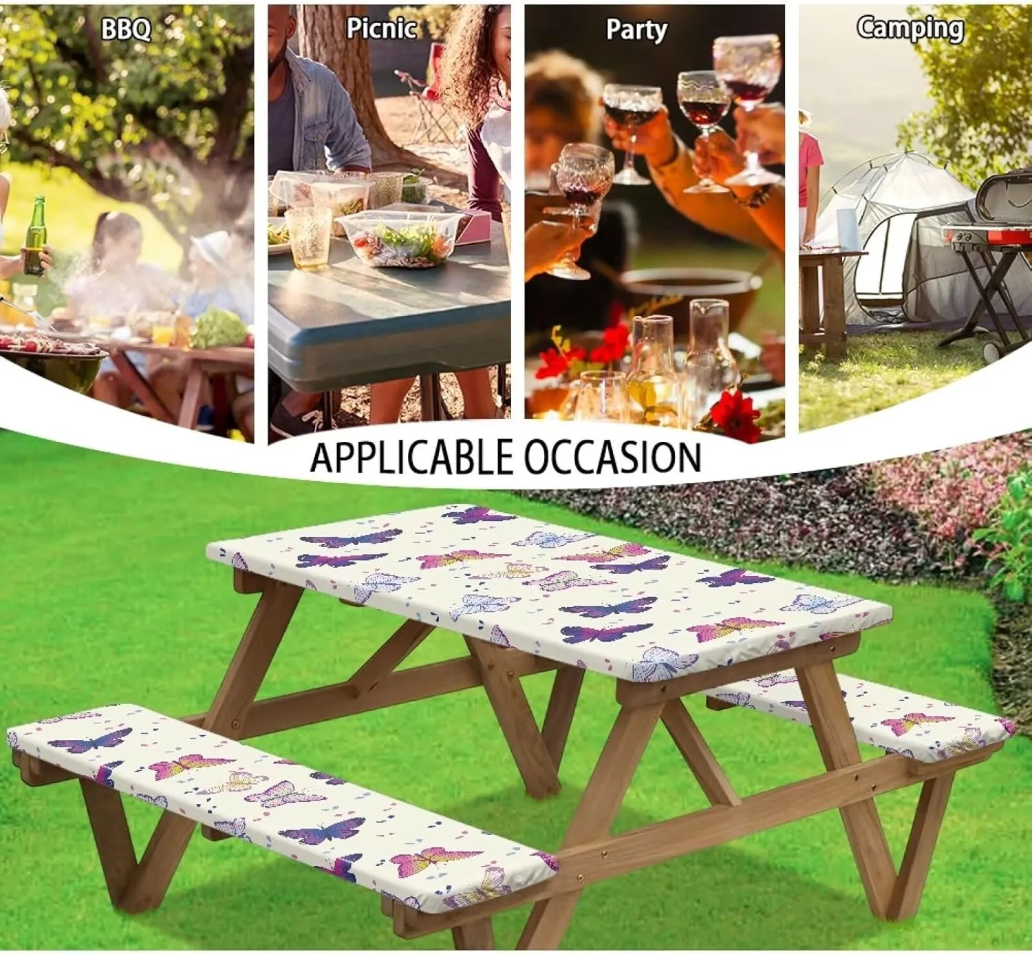 Butterfly Fitted Picnic Table Cover with Bench Covers Waterproof Camping Tablecloth for Picnic Table Deluxe Picnic Table Covers for Outdoor, Camping (72x30 Inch, 3 Pcs)