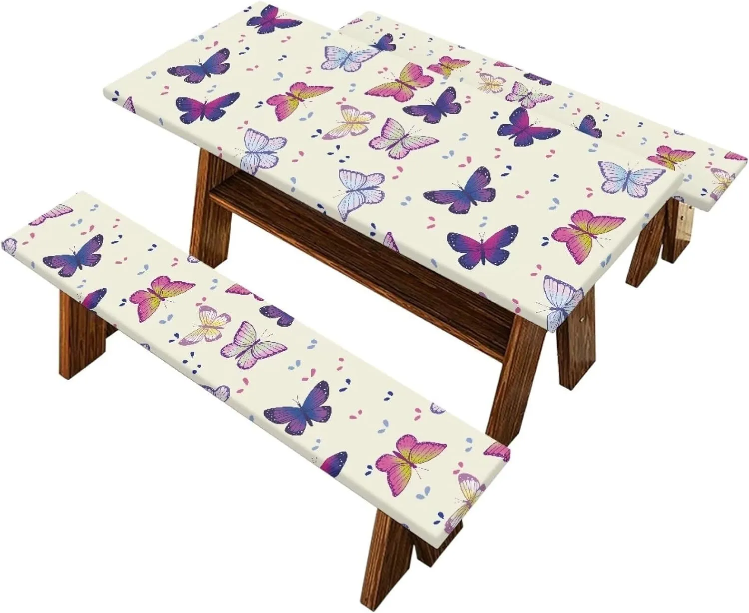 Butterfly Fitted Picnic Table Cover with Bench Covers Waterproof Camping Tablecloth for Picnic Table Deluxe Picnic Table Covers for Outdoor, Camping (72x30 Inch, 3 Pcs)