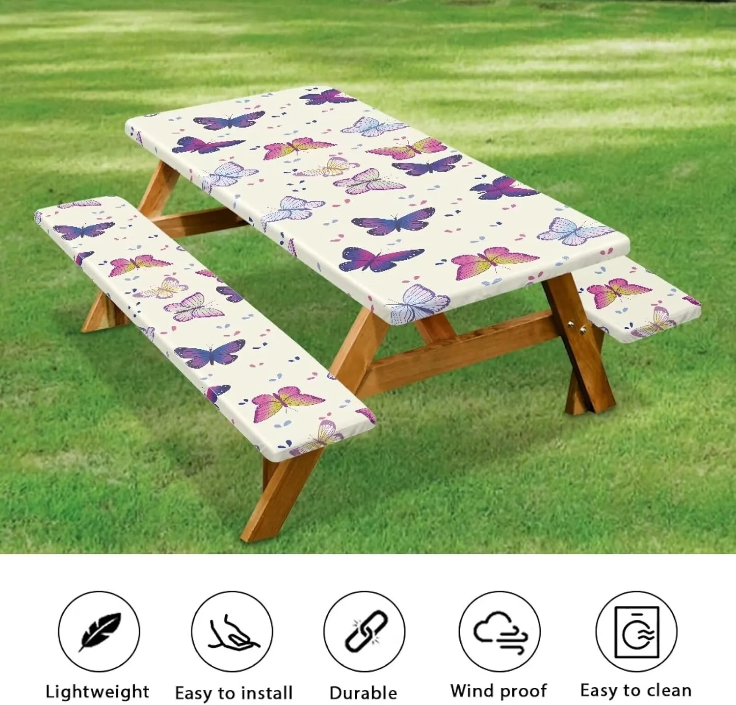Butterfly Fitted Picnic Table Cover with Bench Covers Waterproof Camping Tablecloth for Picnic Table Deluxe Picnic Table Covers for Outdoor, Camping (72x30 Inch, 3 Pcs)