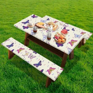 Butterfly Fitted Picnic Table Cover with Bench Covers Waterproof Camping Tablecloth for Picnic Table Deluxe Picnic Table Covers for Outdoor, Camping (72x30 Inch, 3 Pcs)