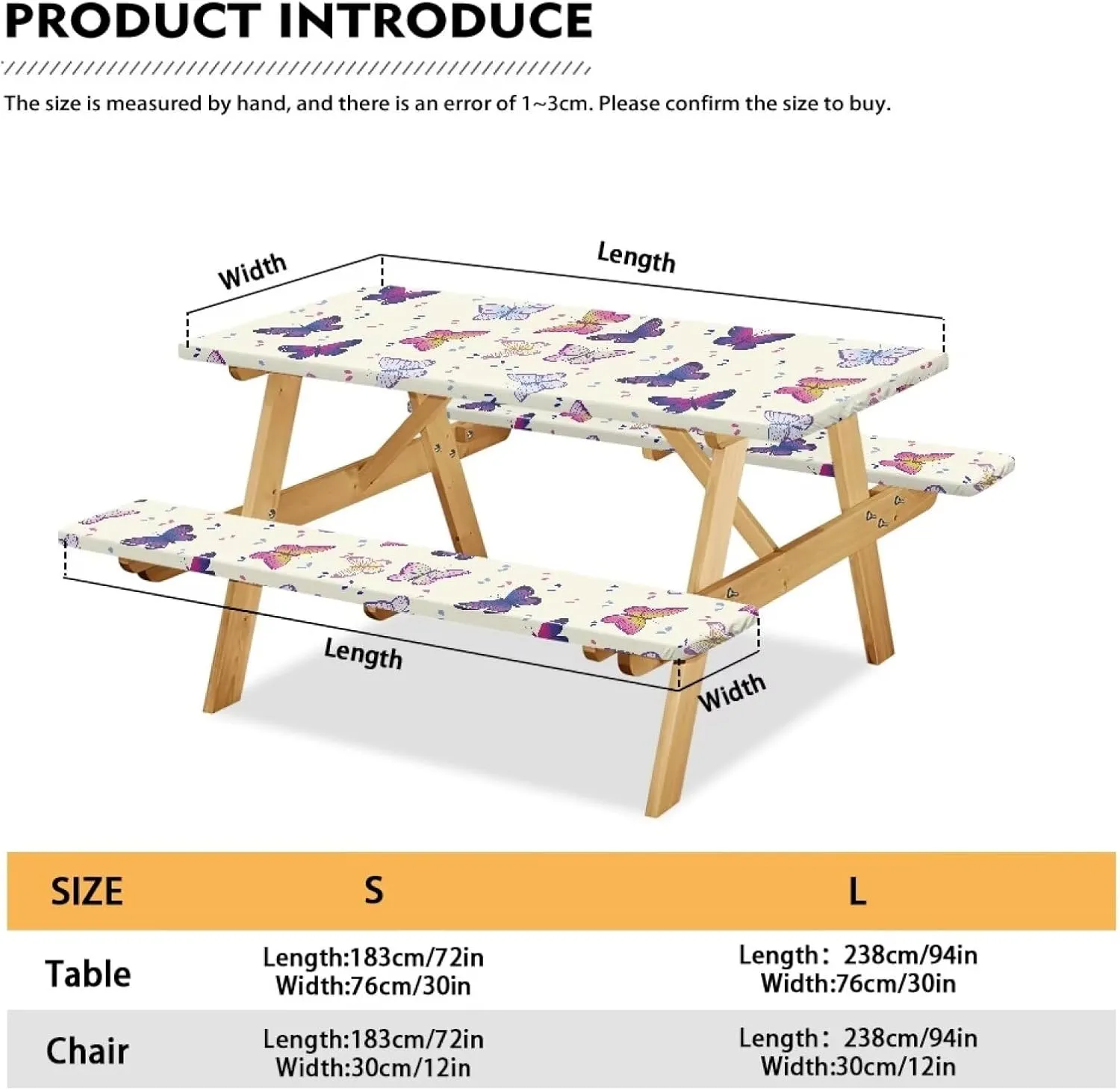 Butterfly Fitted Picnic Table Cover with Bench Covers Waterproof Camping Tablecloth for Picnic Table Deluxe Picnic Table Covers for Outdoor, Camping (72x30 Inch, 3 Pcs)