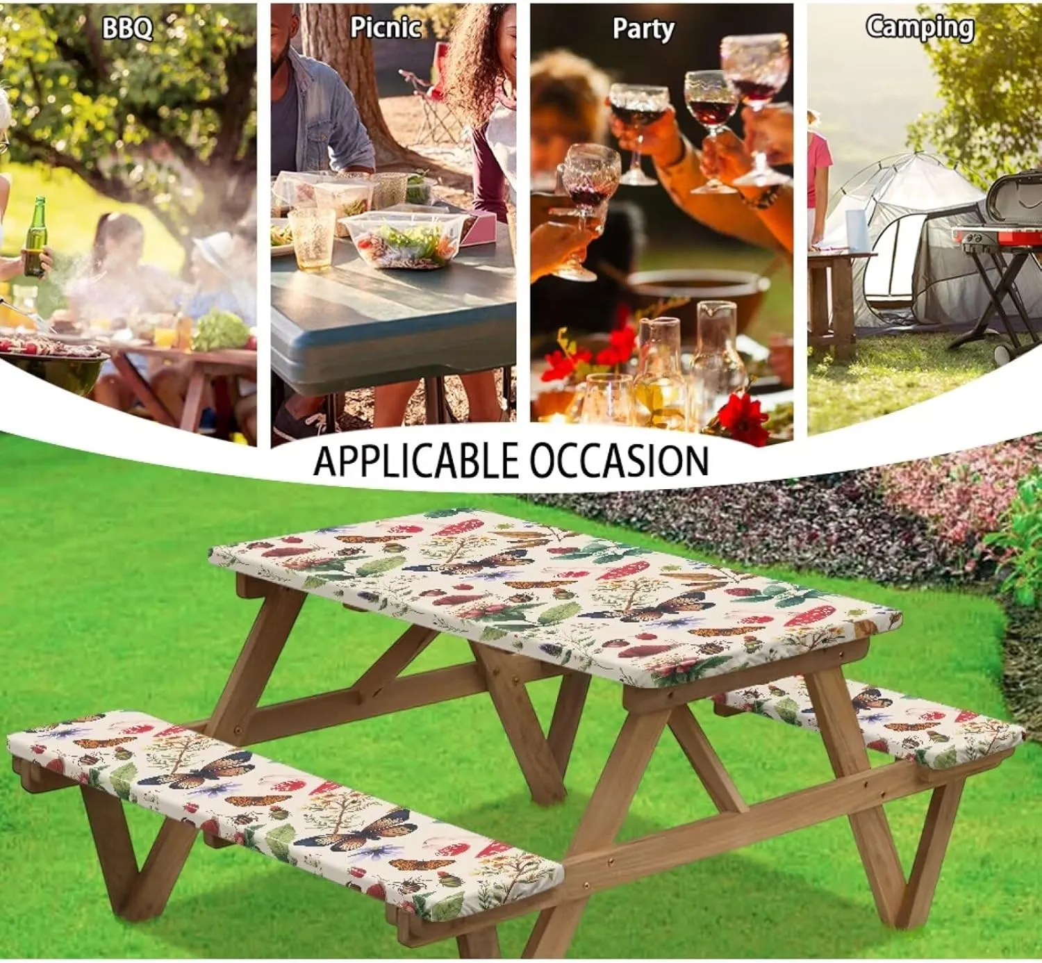 Butterfly Floral Picnic Table Cover with Bench Covers Waterproof Camping Rectangle Tablecloth for Picnic Table Fits Tables 74in 8Ft Camping Supplies 3Pcs Set