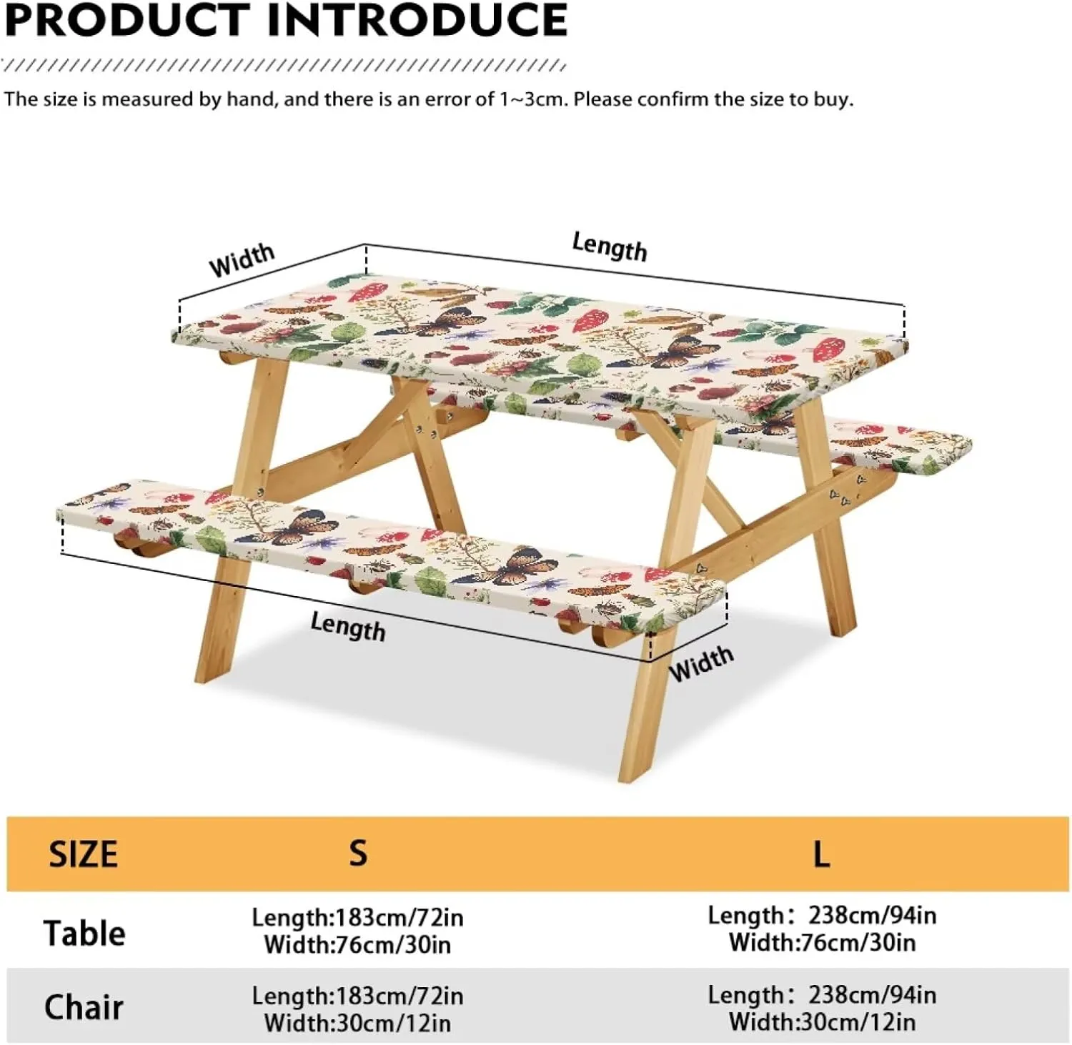 Butterfly Floral Picnic Table Cover with Bench Covers Waterproof Camping Rectangle Tablecloth for Picnic Table Fits Tables 74in 8Ft Camping Supplies 3Pcs Set