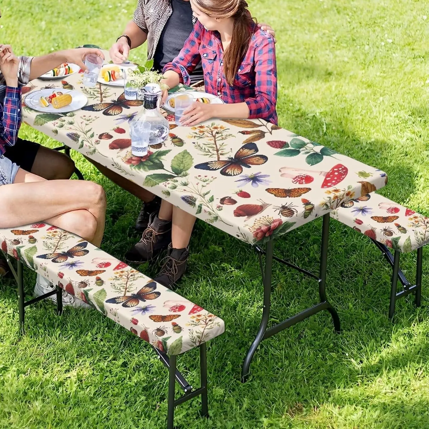 Butterfly Floral Picnic Table Cover with Bench Covers Waterproof Camping Rectangle Tablecloth for Picnic Table Fits Tables 74in 8Ft Camping Supplies 3Pcs Set