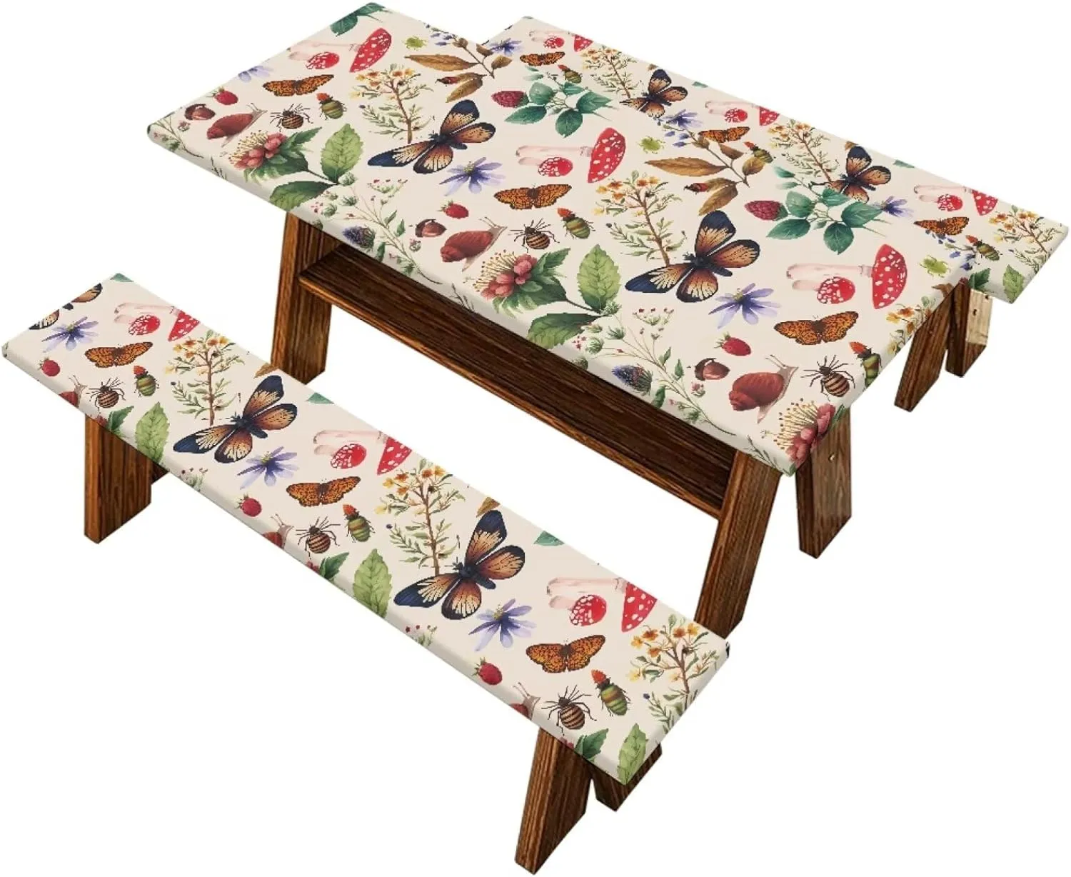 Butterfly Floral Picnic Table Cover with Bench Covers Waterproof Camping Rectangle Tablecloth for Picnic Table Fits Tables 74in 8Ft Camping Supplies 3Pcs Set