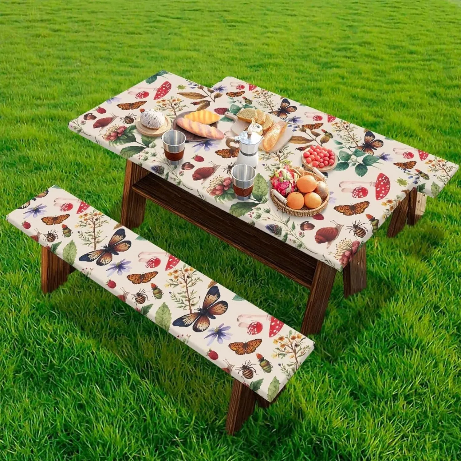 Butterfly Floral Picnic Table Cover with Bench Covers Waterproof Camping Rectangle Tablecloth for Picnic Table Fits Tables 74in 8Ft Camping Supplies 3Pcs Set