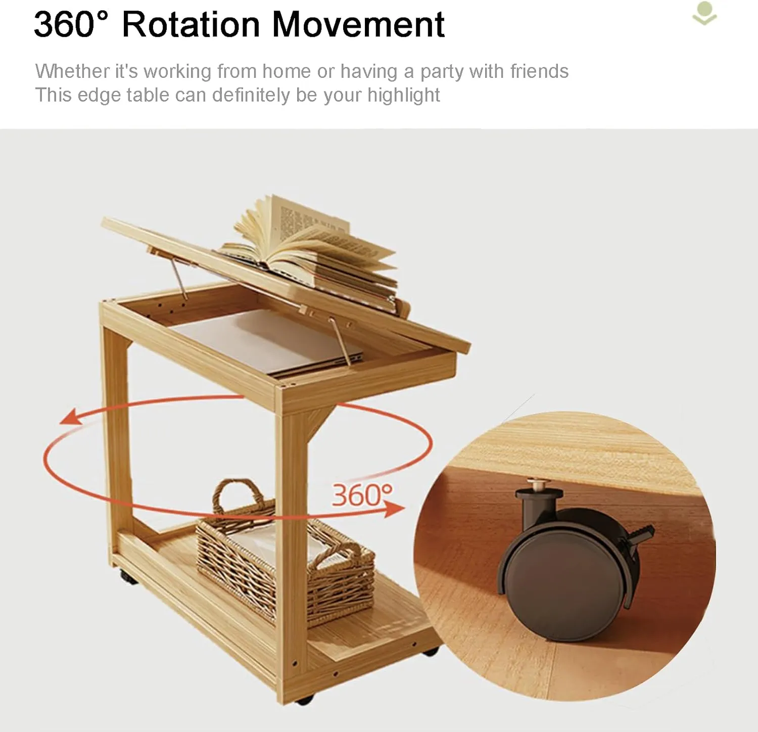 C-Shaped Couch Table, Side Table with 360° Rotating Wheels, 40° Adjustable Tiltable Desktop for Sofa Laptop Coffee, C Table for Living Room (Natural, 23.6 * 15.7 * 24.8in)