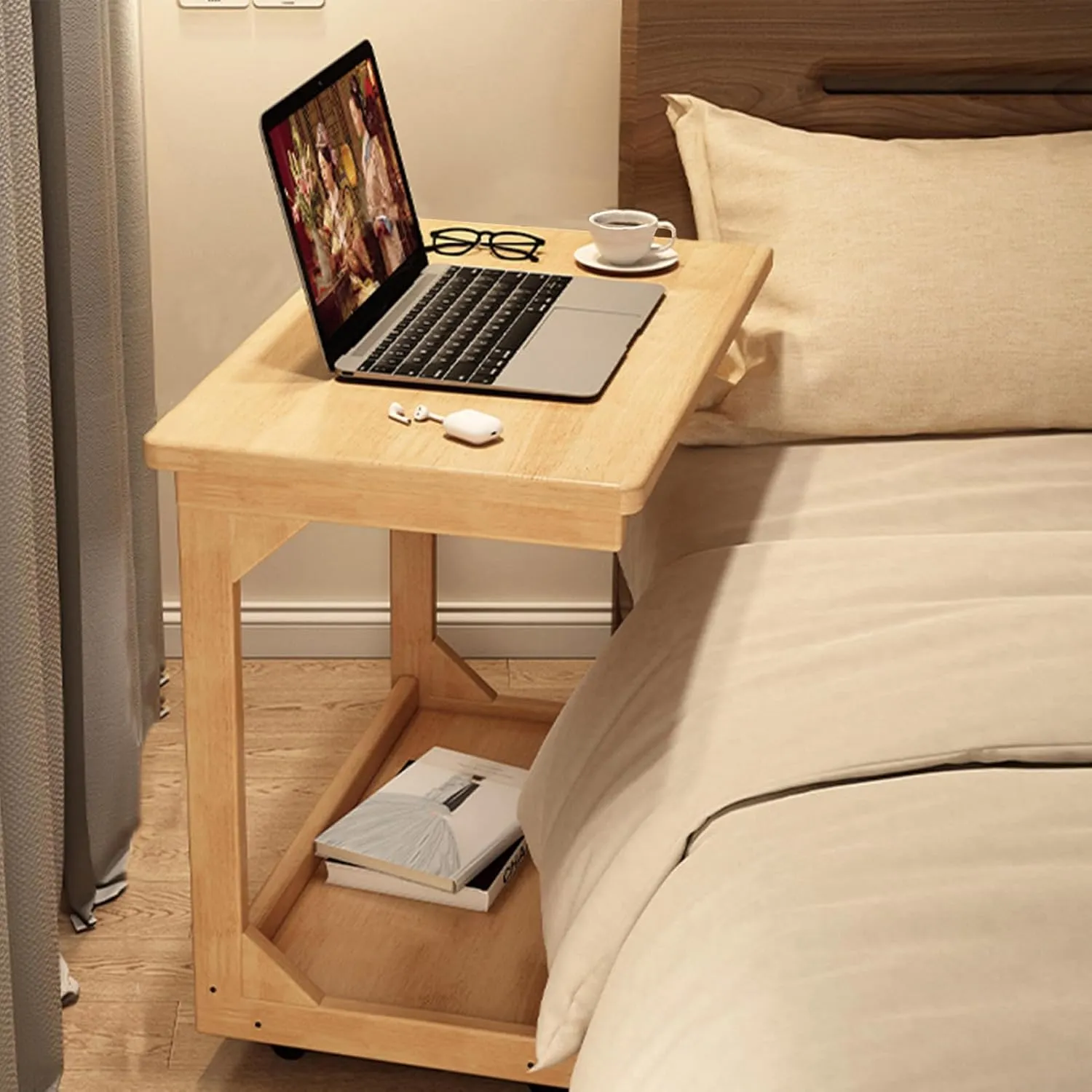 C-Shaped Couch Table, Side Table with 360° Rotating Wheels, 40° Adjustable Tiltable Desktop for Sofa Laptop Coffee, C Table for Living Room (Natural, 23.6 * 15.7 * 24.8in)