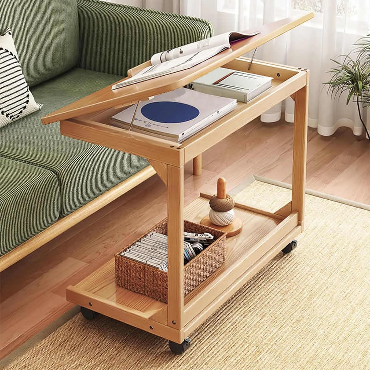 C-Shaped Couch Table, Side Table with 360° Rotating Wheels, 40° Adjustable Tiltable Desktop for Sofa Laptop Coffee, C Table for Living Room (Natural, 23.6 * 15.7 * 24.8in)