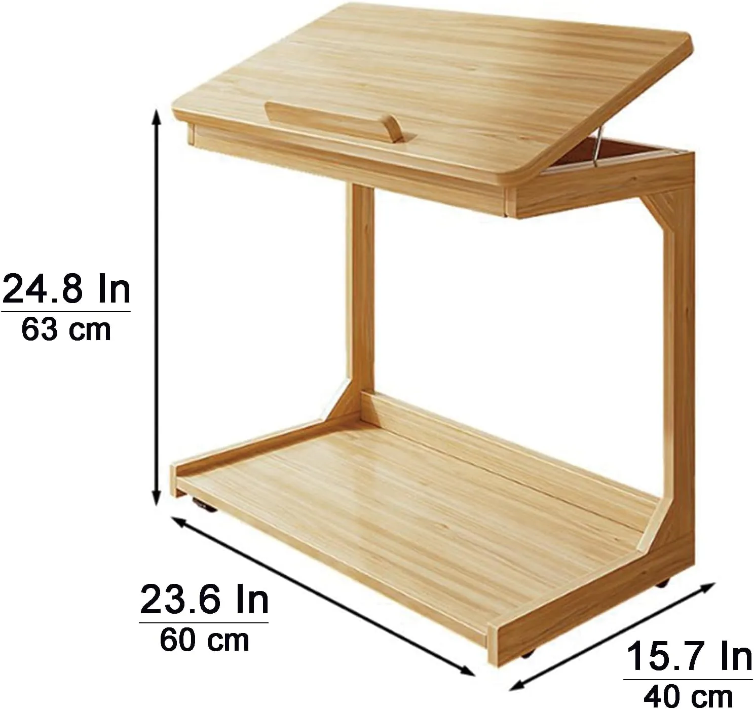 C-Shaped Couch Table, Side Table with 360° Rotating Wheels, 40° Adjustable Tiltable Desktop for Sofa Laptop Coffee, C Table for Living Room (Natural, 23.6 * 15.7 * 24.8in)