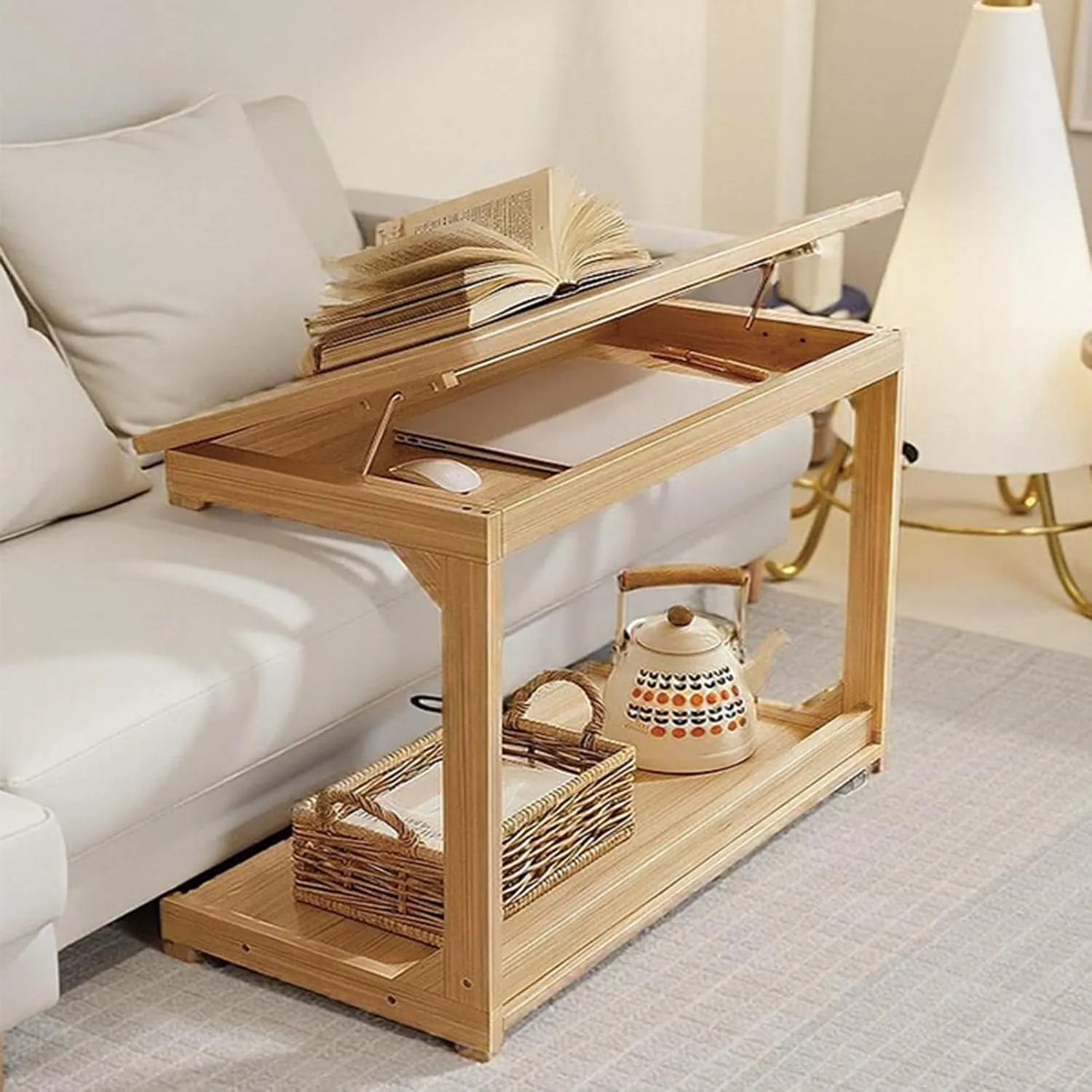 C-Shaped Couch Table, Side Table with 360° Rotating Wheels, 40° Adjustable Tiltable Desktop for Sofa Laptop Coffee, C Table for Living Room (Natural, 23.6 * 15.7 * 24.8in)