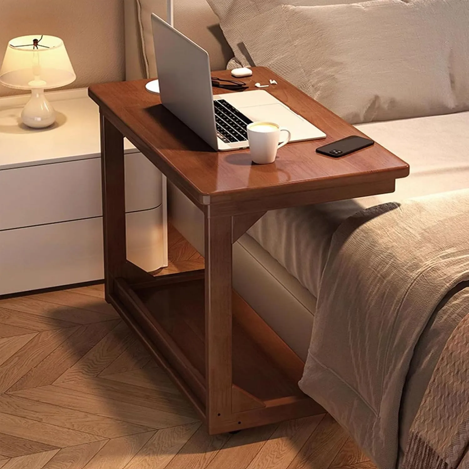 C Shaped Couch Table, Side Table with 360° Rotating Wheels, 45° Adjustable Tiltable Desktop for Sofa Laptop, TV Tray Tables for Living Room Bedroom