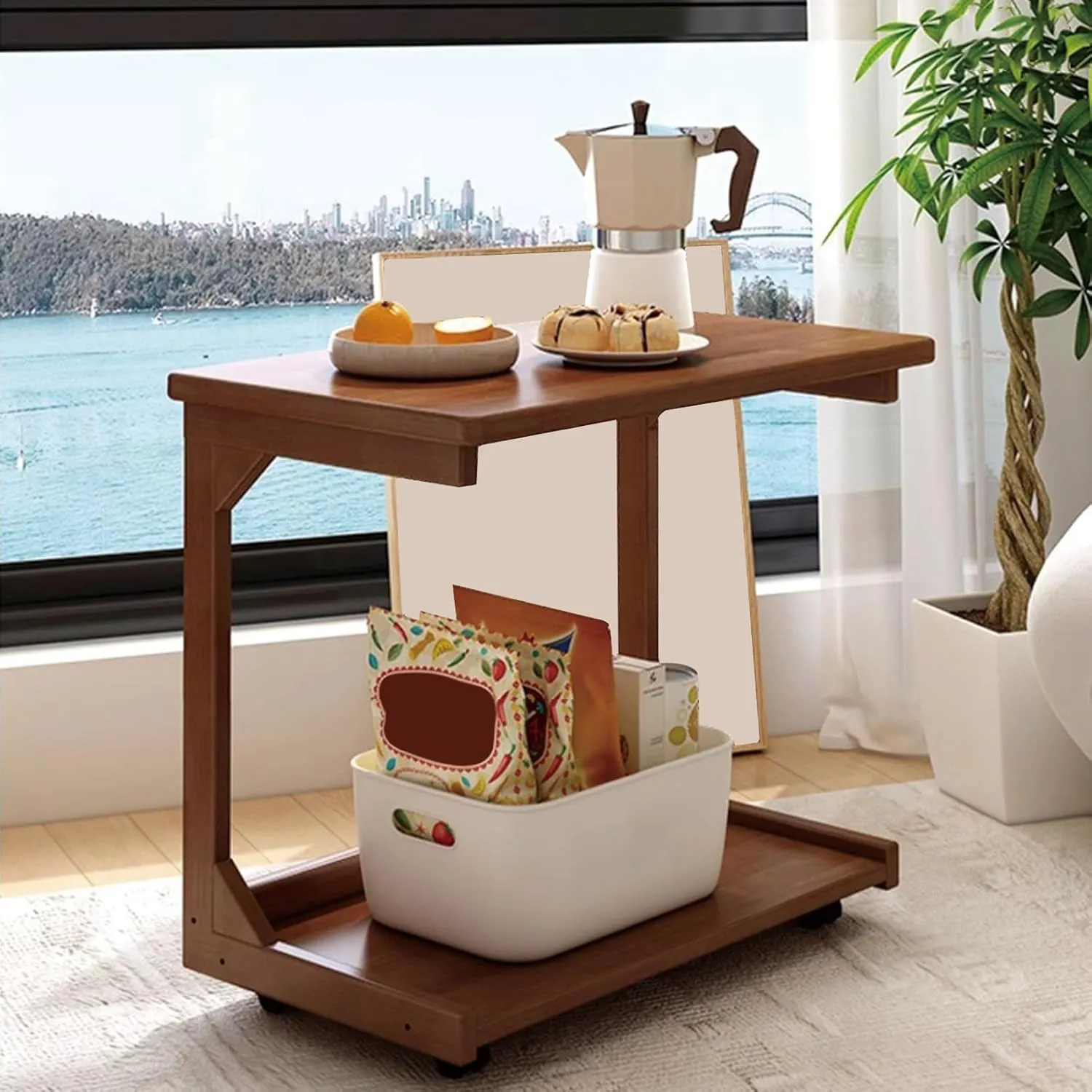 C Shaped Couch Table, Side Table with 360° Rotating Wheels, 45° Adjustable Tiltable Desktop for Sofa Laptop, TV Tray Tables for Living Room Bedroom