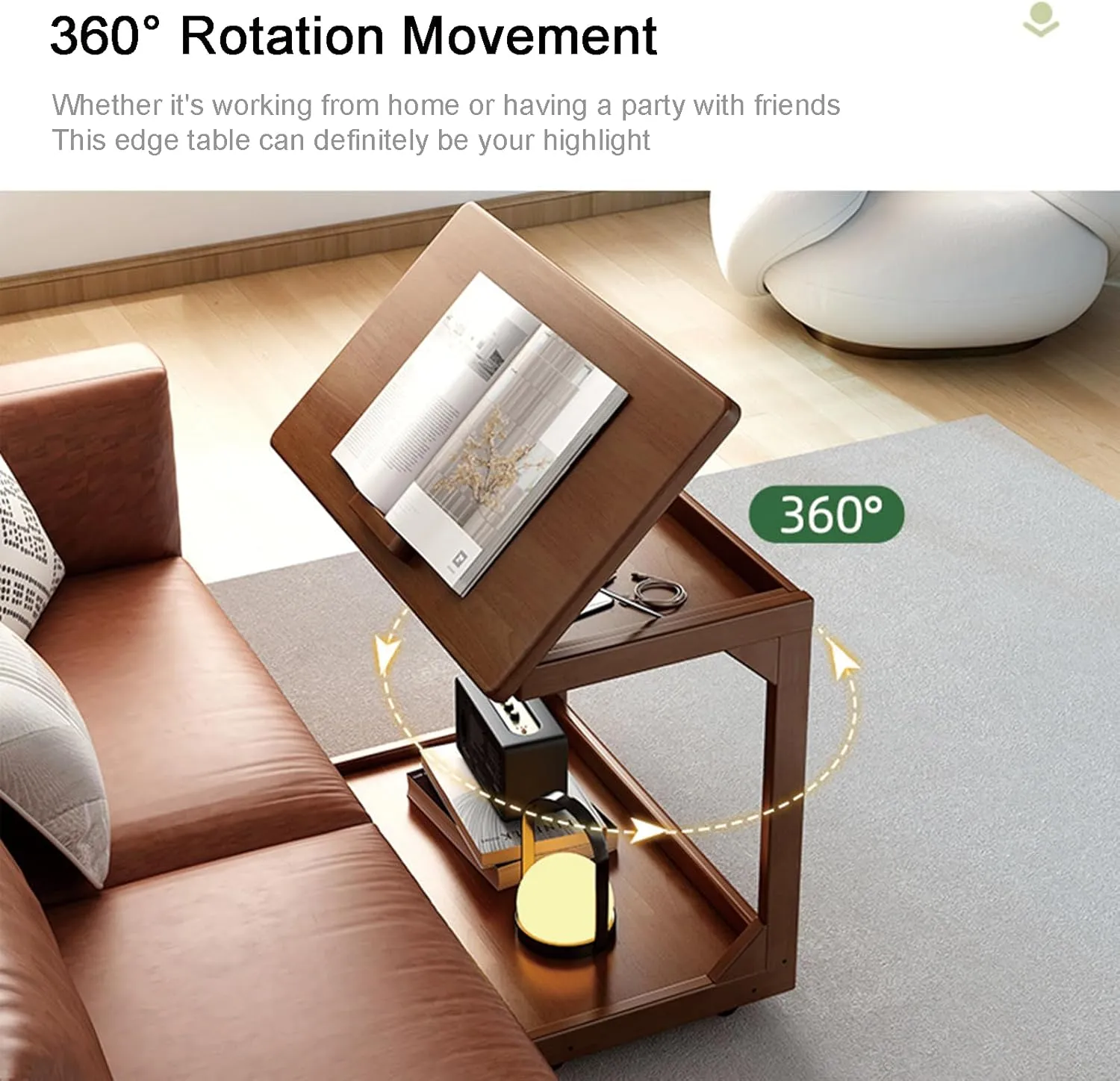 C Shaped Couch Table, Side Table with 360° Rotating Wheels, 45° Adjustable Tiltable Desktop for Sofa Laptop, TV Tray Tables for Living Room Bedroom