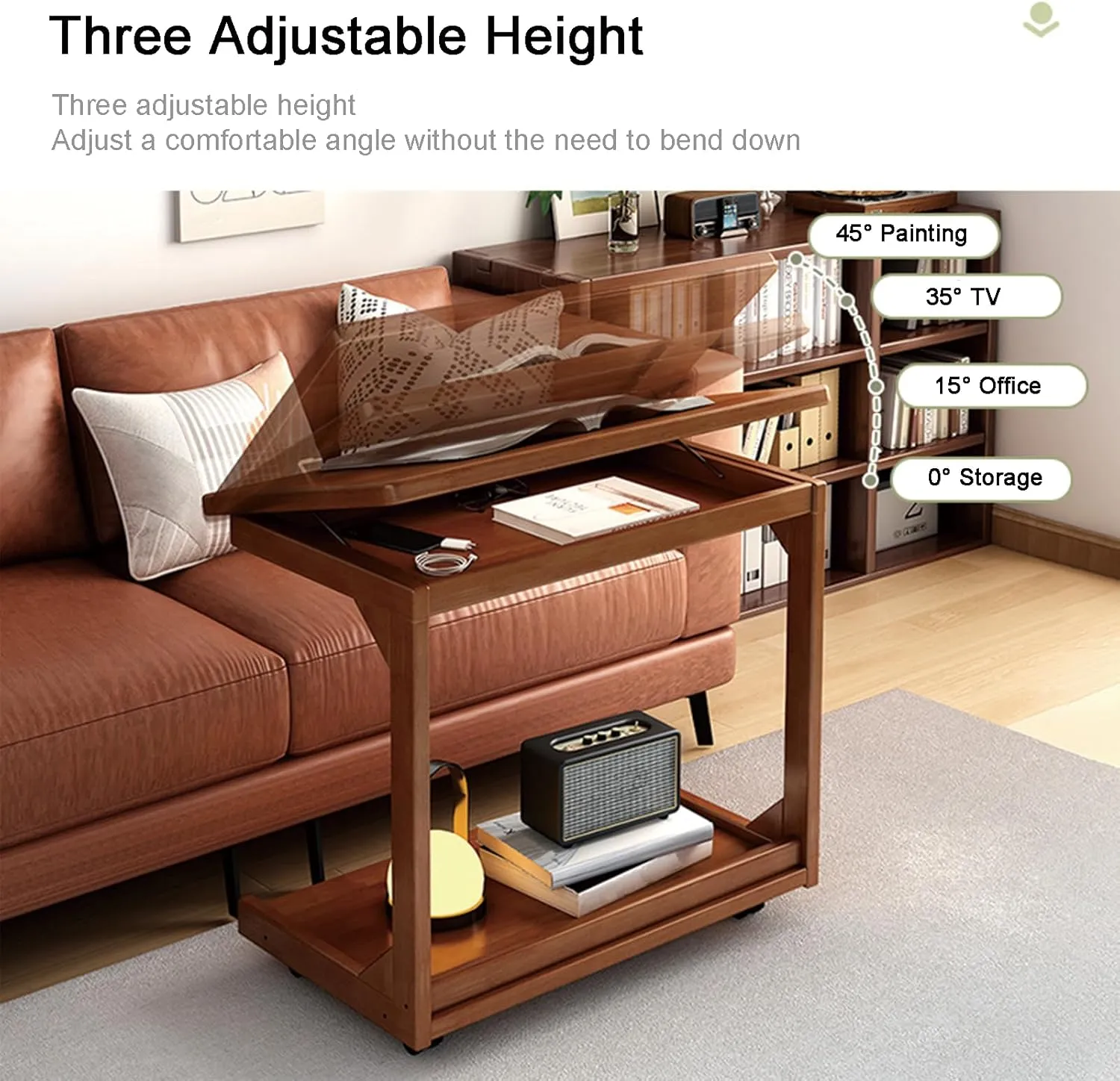 C Shaped Couch Table, Side Table with 360° Rotating Wheels, 45° Adjustable Tiltable End Table for Sofa Laptop, TV Tray Tables for Living Room Bedroom