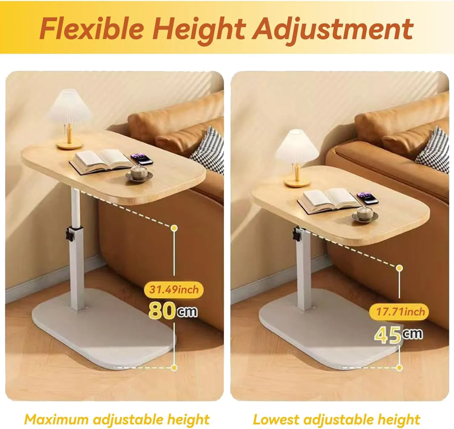 C Shaped End Table, Adjustable Height Couch Side Table, Horizontal 360°Swivel Small Couch Side Tables That Slide Under, C Shaped End Table TV Tray Table for Couch (White)