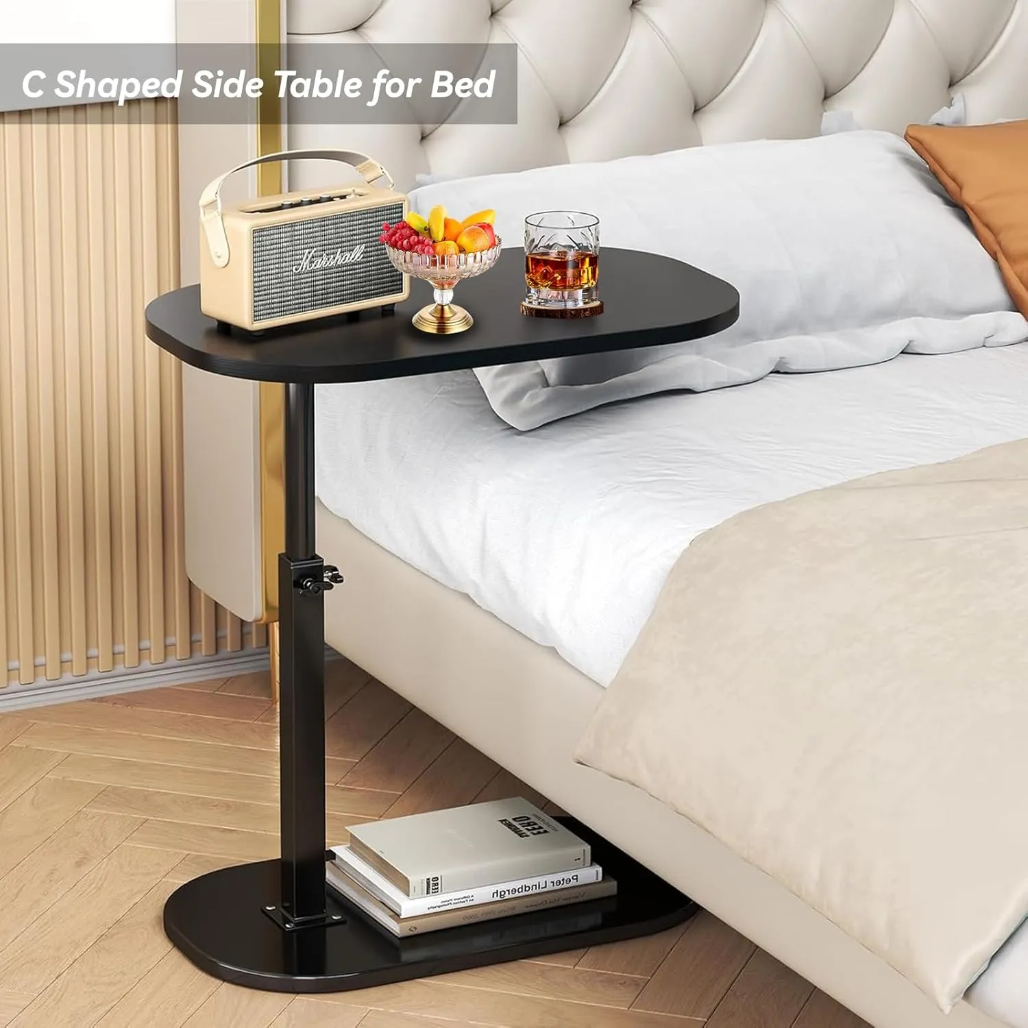 C Shaped End Table, Adjustable Height Couch Side Table, Horizontal 360°Swivel Small Couch Side Tables That Slide Under, C Shaped End Table TV Tray Table for Couch (White)