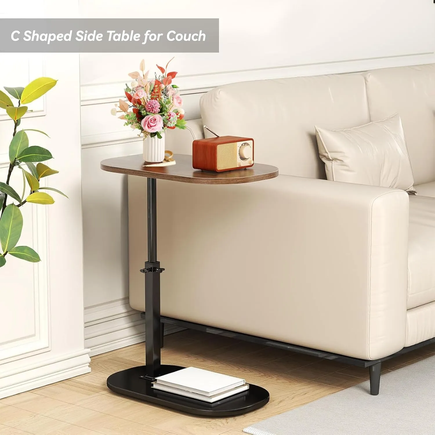 C Shaped End Table, Adjustable Height Couch Side Table, Horizontal 360°Swivel Small Couch Side Tables That Slide Under, C Shaped End Table TV Tray Table for Couch (White)