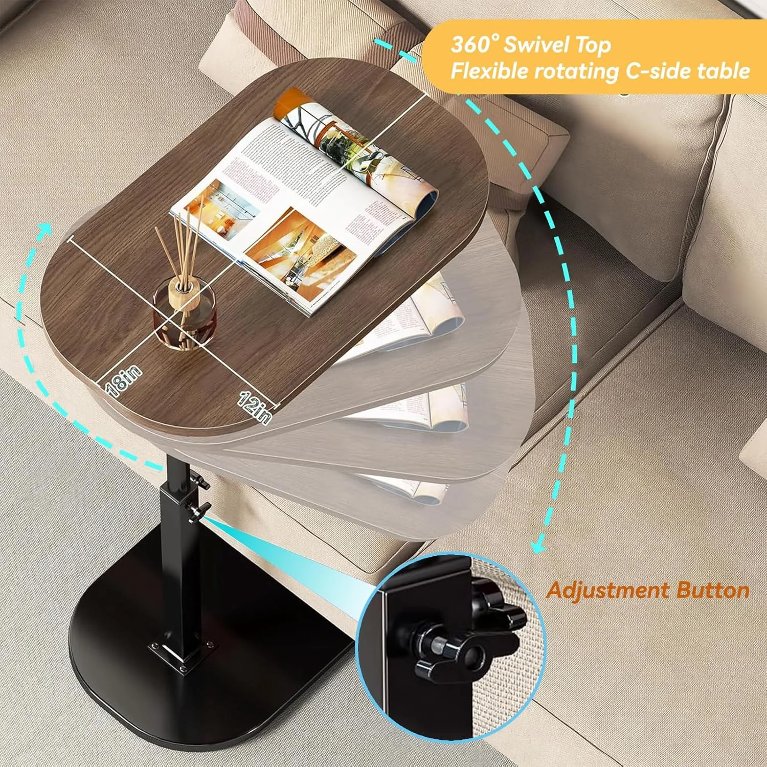 C Shaped End Table, Adjustable Height Couch Side Table, Horizontal 360°Swivel Small Couch Side Tables That Slide Under, C Shaped End Table TV Tray Table for Couch (White)
