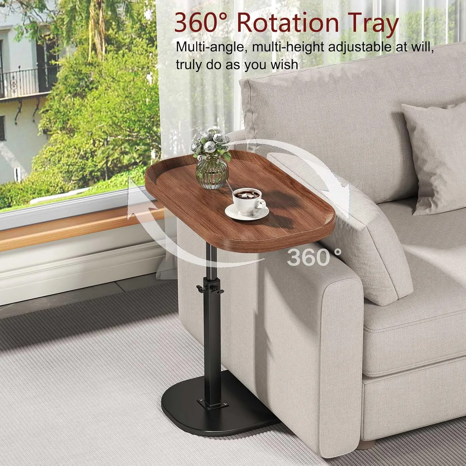 C Shaped End Table Adjustable Height,360° Swivel Tv Tray,Couch Tables That Slide Under,TV Tray Table,Side Table for Couch,Walnut