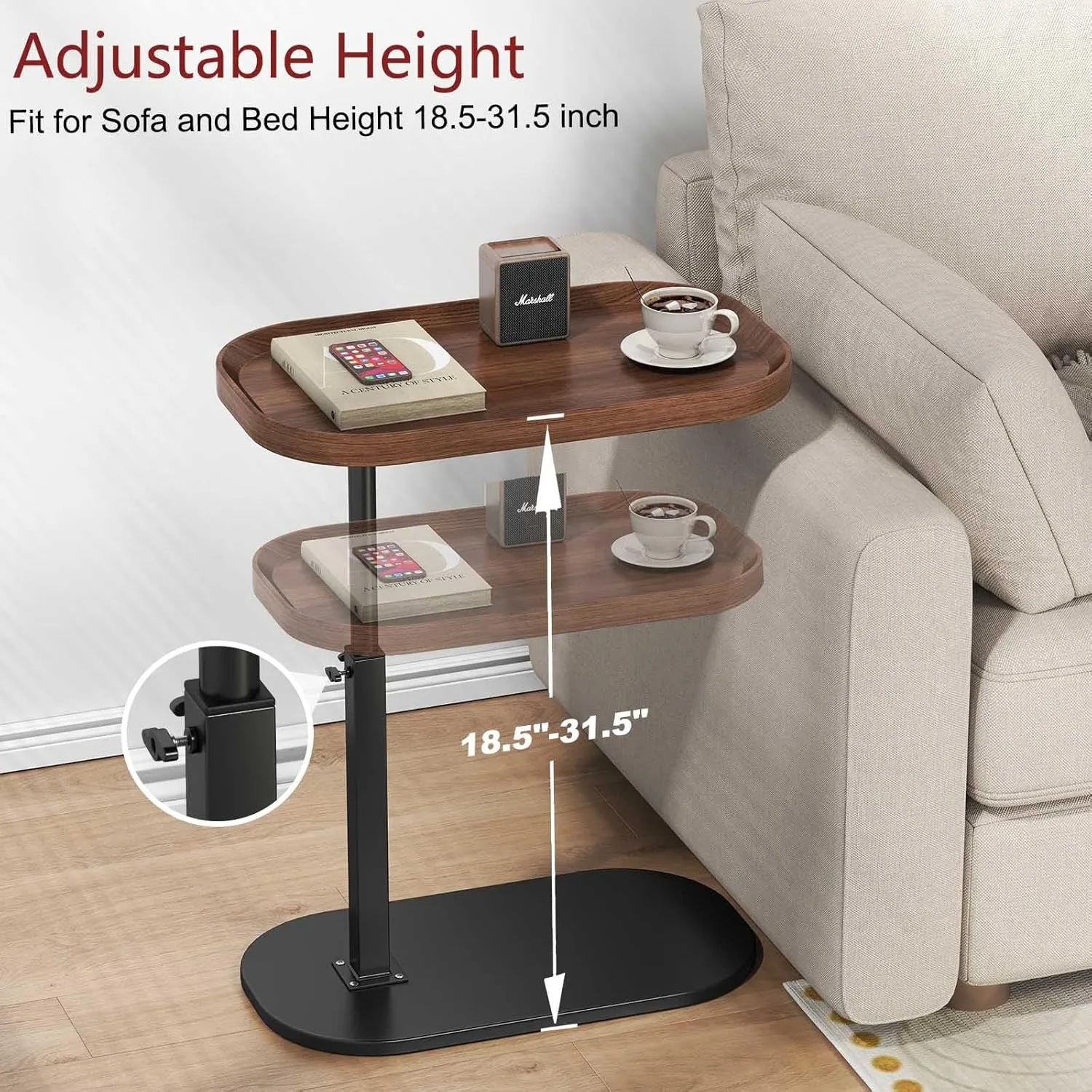 C Shaped End Table Adjustable Height,360° Swivel Tv Tray,Couch Tables That Slide Under,TV Tray Table,Side Table for Couch,Walnut