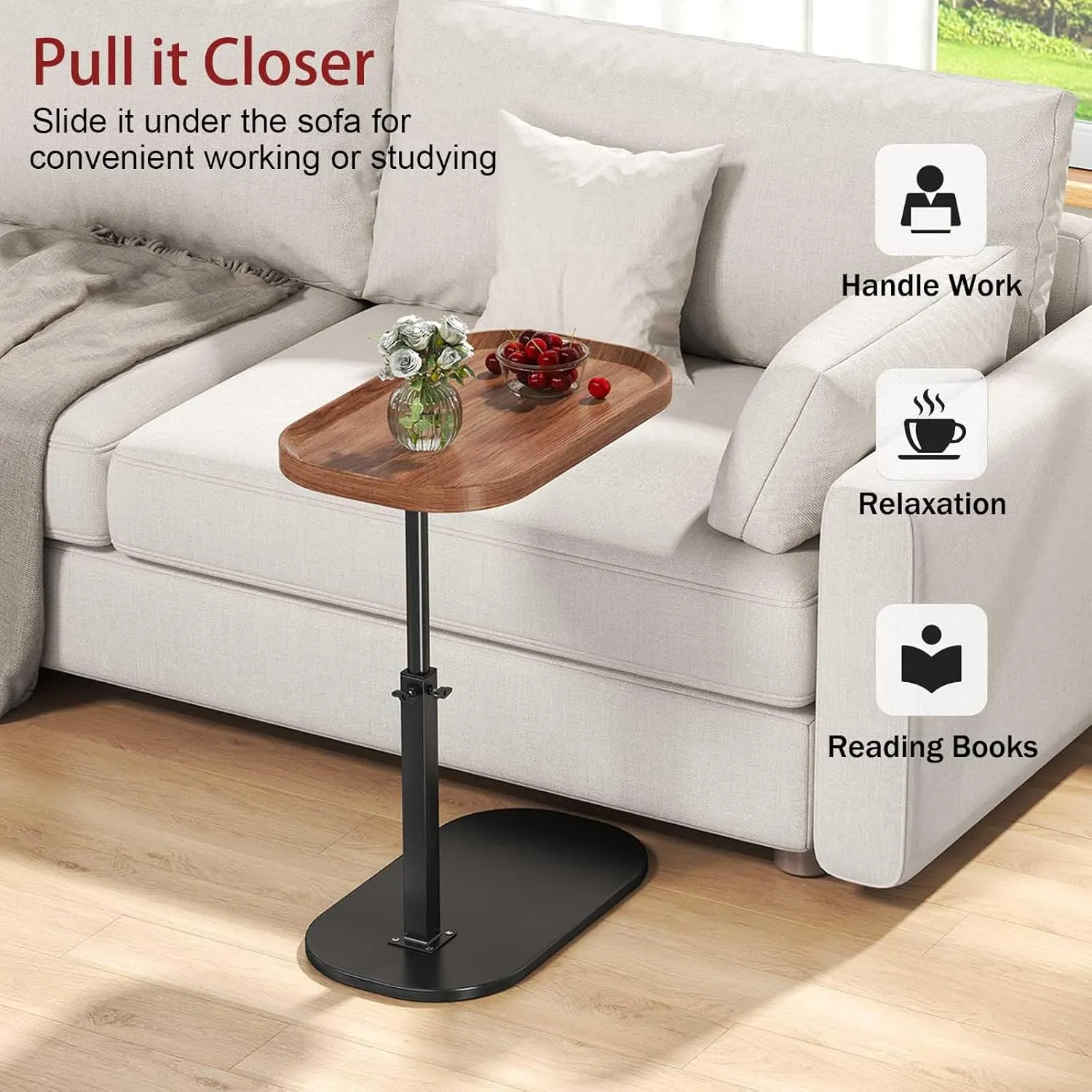 C Shaped End Table Adjustable Height,360° Swivel Tv Tray,Couch Tables That Slide Under,TV Tray Table,Side Table for Couch,Walnut