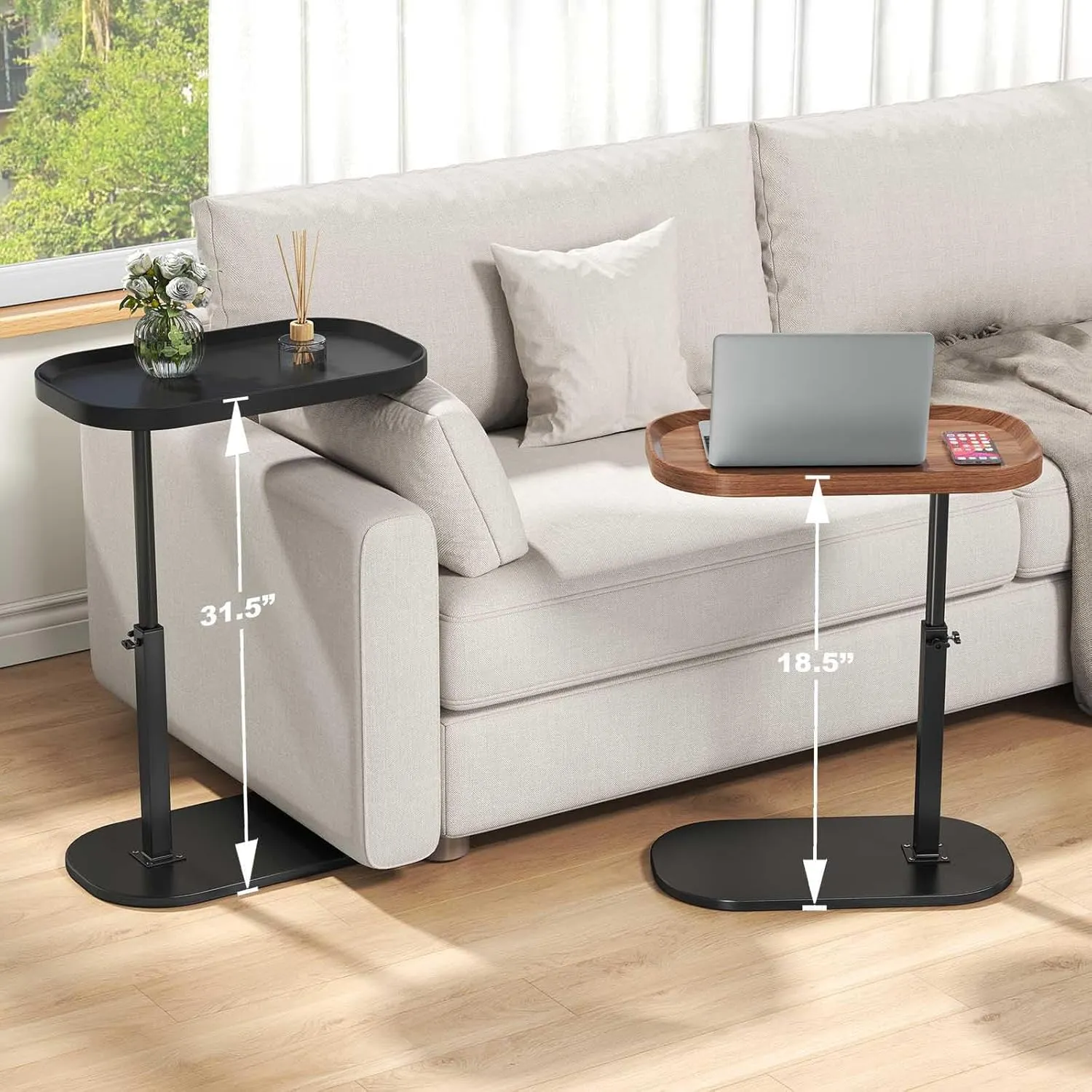 C Shaped End Table Adjustable Height,360° Swivel Tv Tray,Couch Tables That Slide Under,TV Tray Table,Side Table for Couch,Walnut
