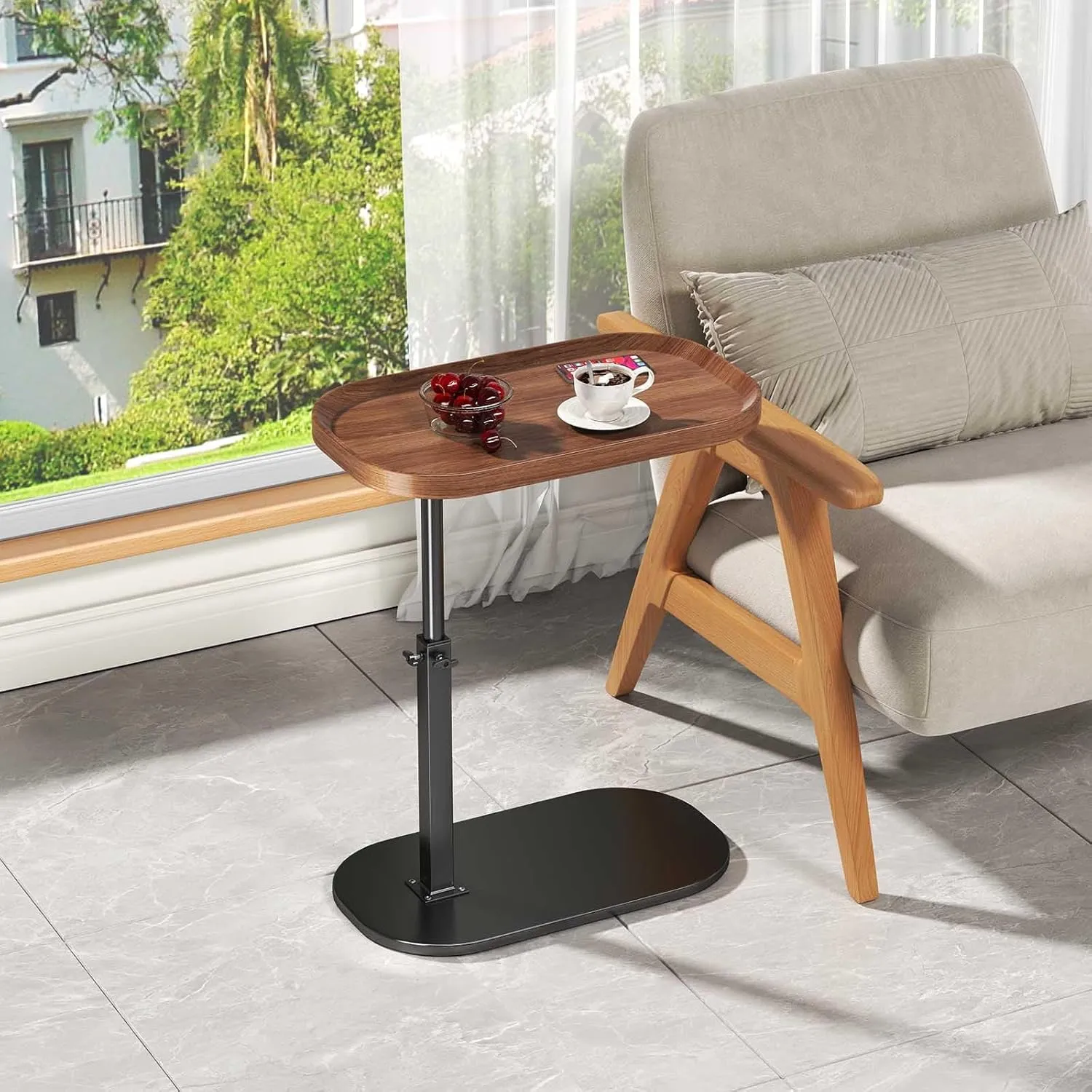 C Shaped End Table Adjustable Height,360° Swivel Tv Tray,Couch Tables That Slide Under,TV Tray Table,Side Table for Couch,Walnut