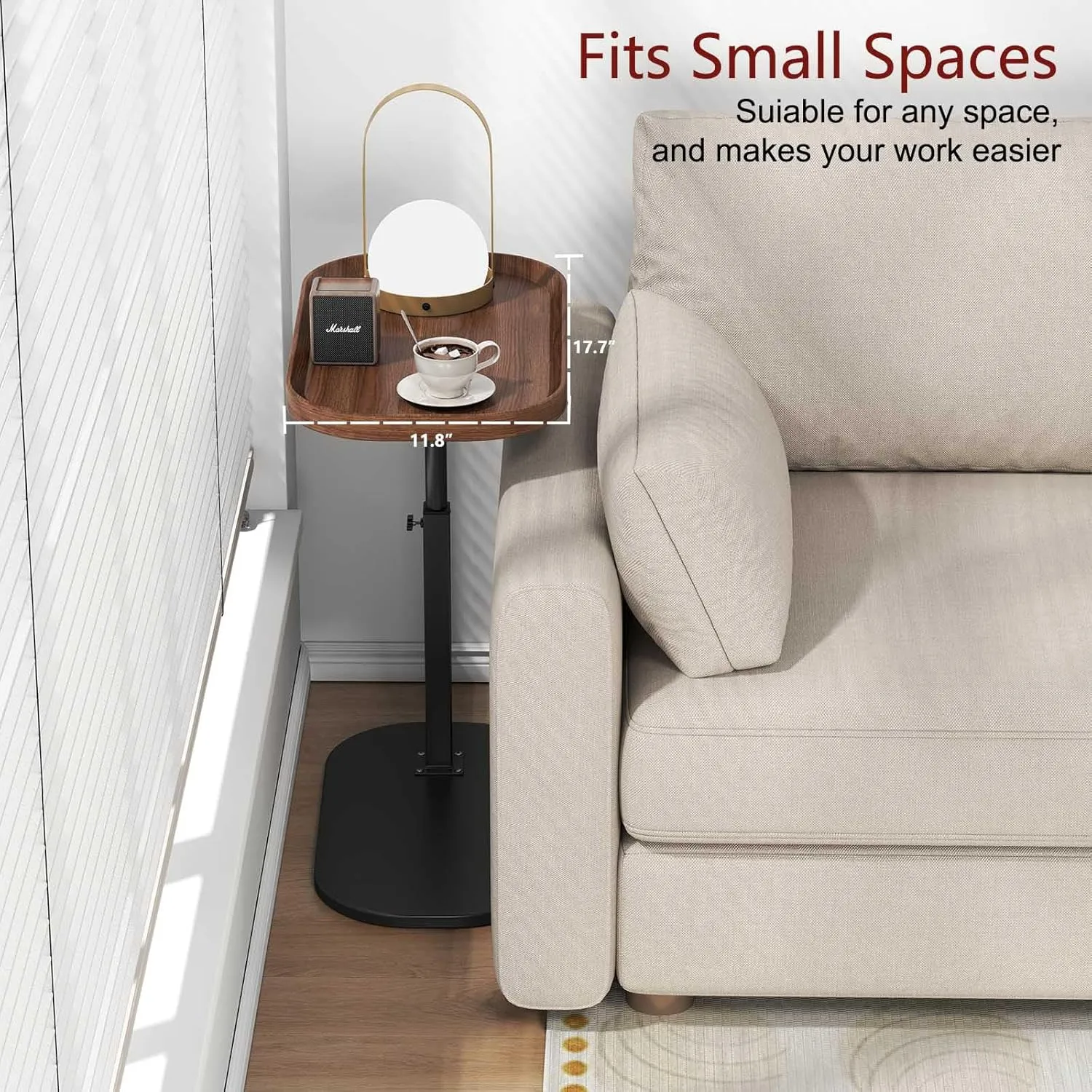 C Shaped End Table Adjustable Height,360° Swivel Tv Tray,Couch Tables That Slide Under,TV Tray Table,Side Table for Couch,Walnut