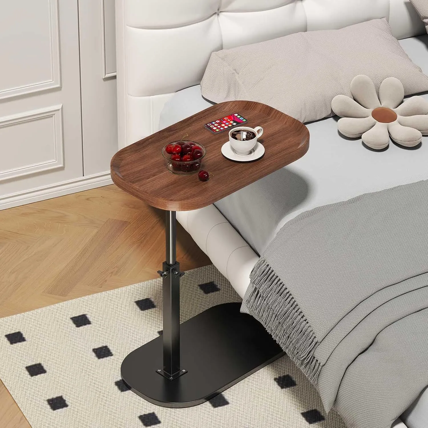 C Shaped End Table Adjustable Height,360° Swivel Tv Tray,Couch Tables That Slide Under,TV Tray Table,Side Table for Couch,Walnut