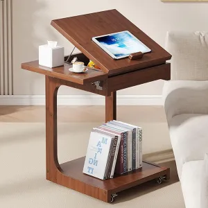C-Shaped End Table, Side Table for Couch with 360° Lockable Caster, C Table with Adjustable Tiltable Dsektop for Sofa Taptop, TV Tray Table for Living Room Bedroom