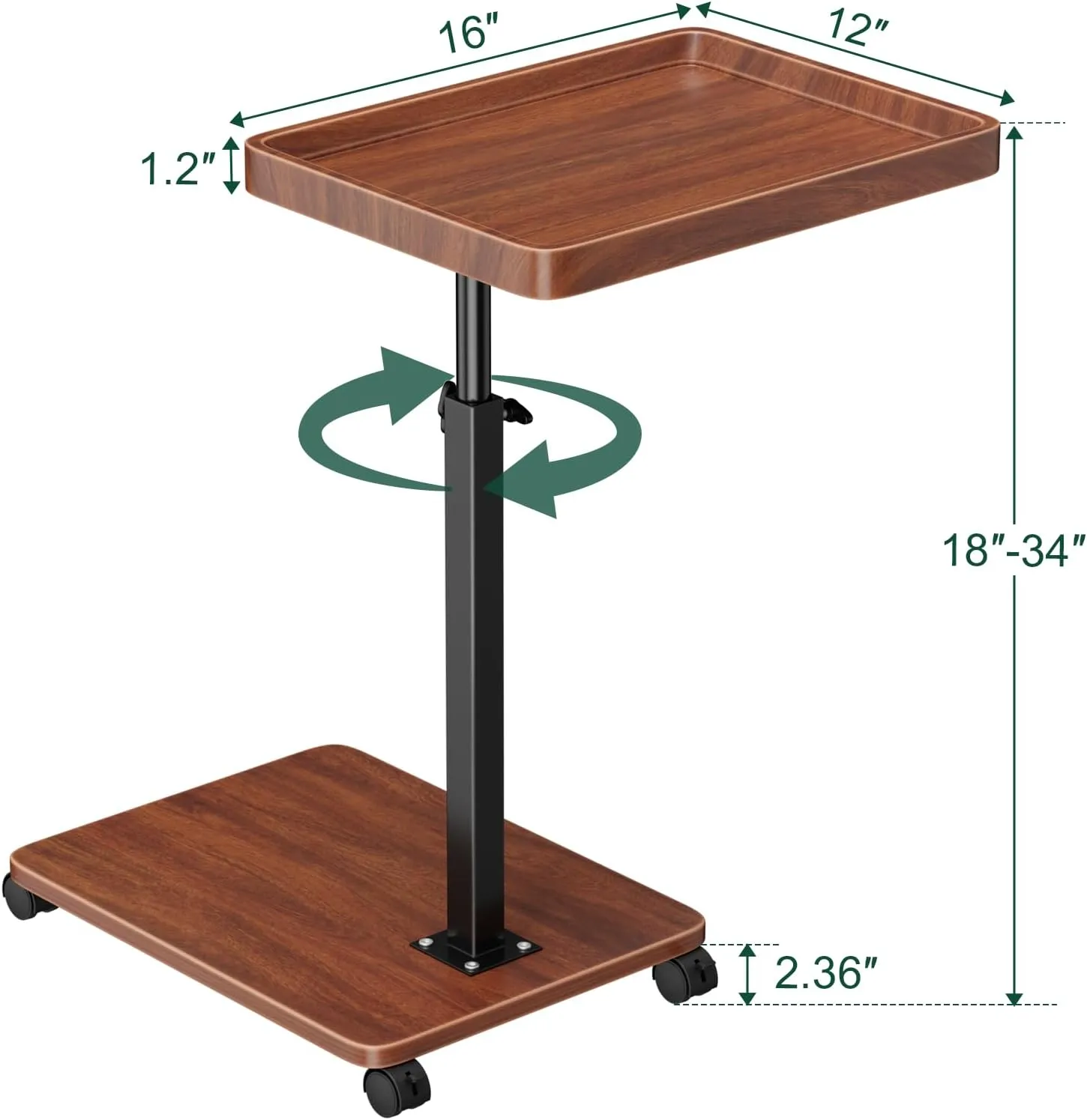 C Table End Table Adjustable Height, 360°Swivel TV Tray Table for Small Spaces, Couch Tables That slide under, C Shaped Side Tables living room and bedroom for Sofa, Bed,Chair, Snack (Walnut Brown)