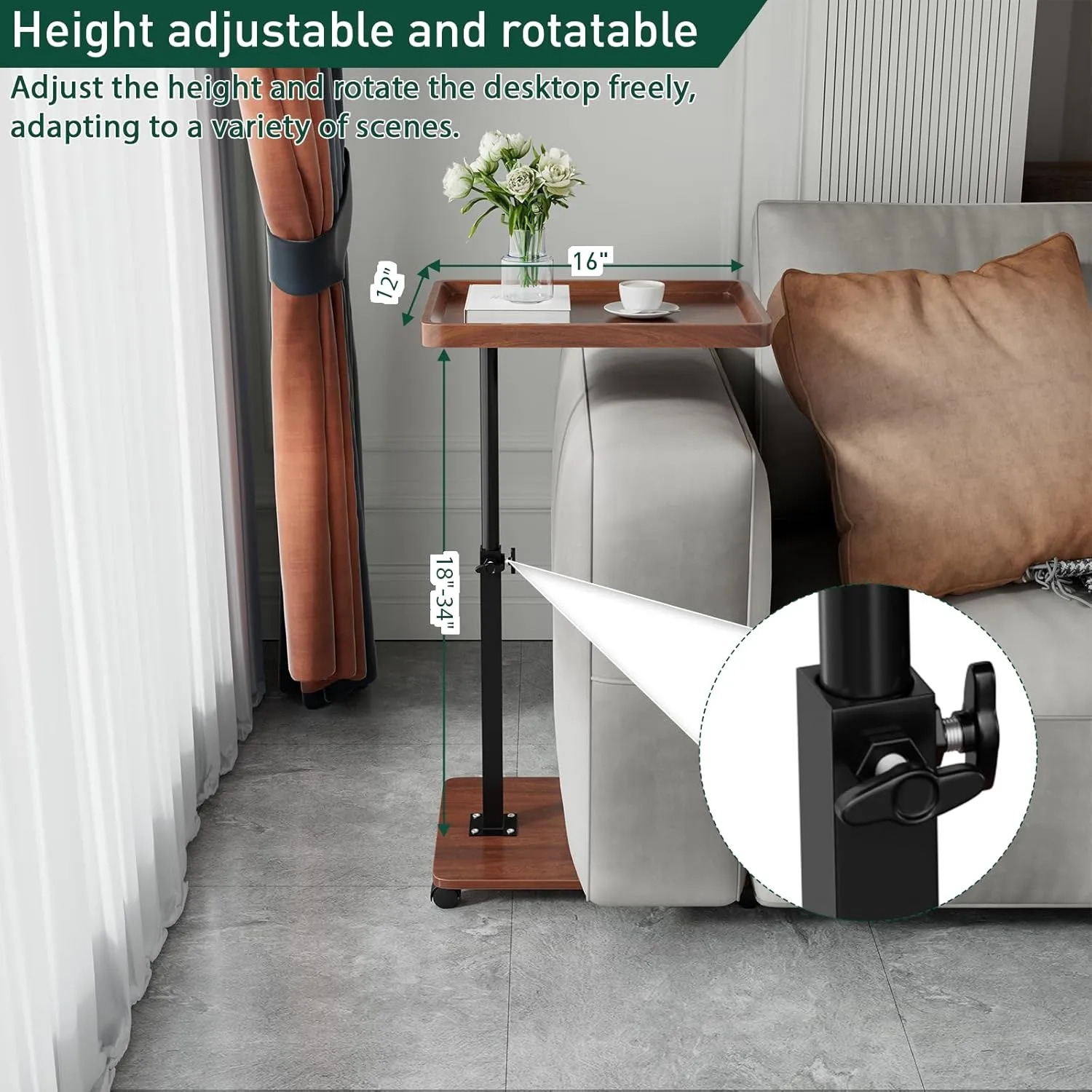C Table End Table Adjustable Height, 360°Swivel TV Tray Table for Small Spaces, Couch Tables That slide under, C Shaped Side Tables living room and bedroom for Sofa, Bed,Chair, Snack (Walnut Brown)