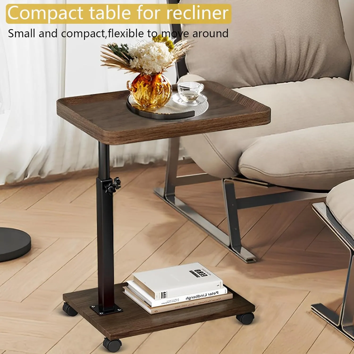 C Table End Table Adjustable Height, 360°Swivel TV Tray Table for Small Spaces, Couch Tables That Slide Under, C Shaped Side Tables with Wheels for Living Room and Bedroom, Bed