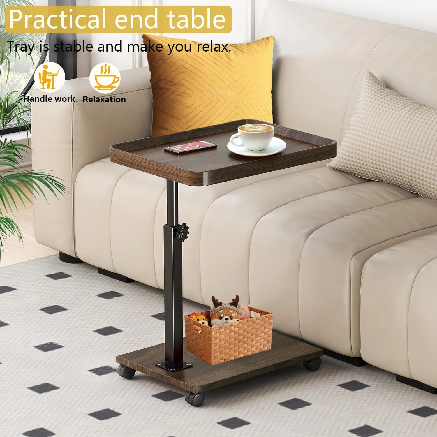 C Table End Table Adjustable Height, 360°Swivel TV Tray Table for Small Spaces, Couch Tables That Slide Under, C Shaped Side Tables with Wheels for Living Room and Bedroom, Bed