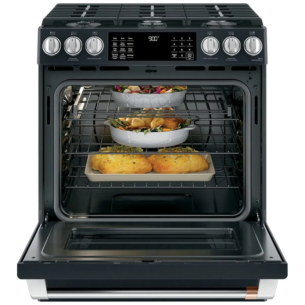 Cafe Dual Fuel Range, 30" Exterior Width, Self Clean, Convection, 6 Burners, 5.6 cu. ft. Capacity, Warming Drawer, 1 Ovens, Matte Black. (CC2S900P3M2D1/CC2S900P3MD1)