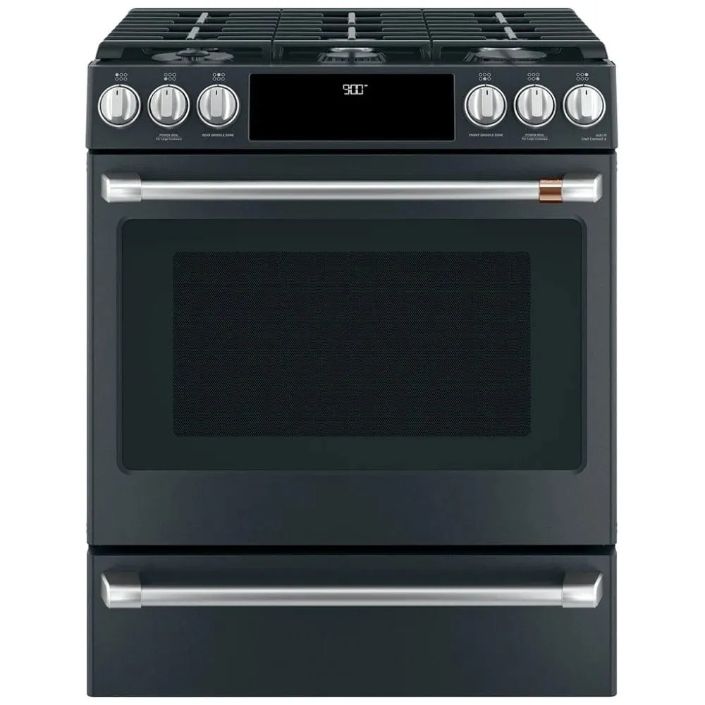 Cafe Dual Fuel Range, 30" Exterior Width, Self Clean, Convection, 6 Burners, 5.6 cu. ft. Capacity, Warming Drawer, 1 Ovens, Matte Black. (CC2S900P3M2D1/CC2S900P3MD1)