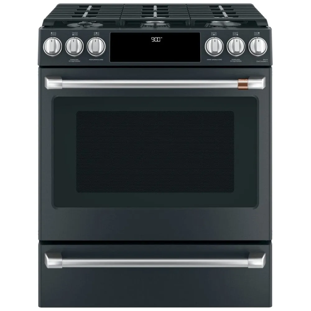 Cafe Dual Fuel Range, 30" Exterior Width, Self Clean, Convection, 6 Burners, 5.6 cu. ft. Capacity, Warming Drawer, 1 Ovens, Matte Black. (CC2S900P3M2D1/CC2S900P3MD1)
