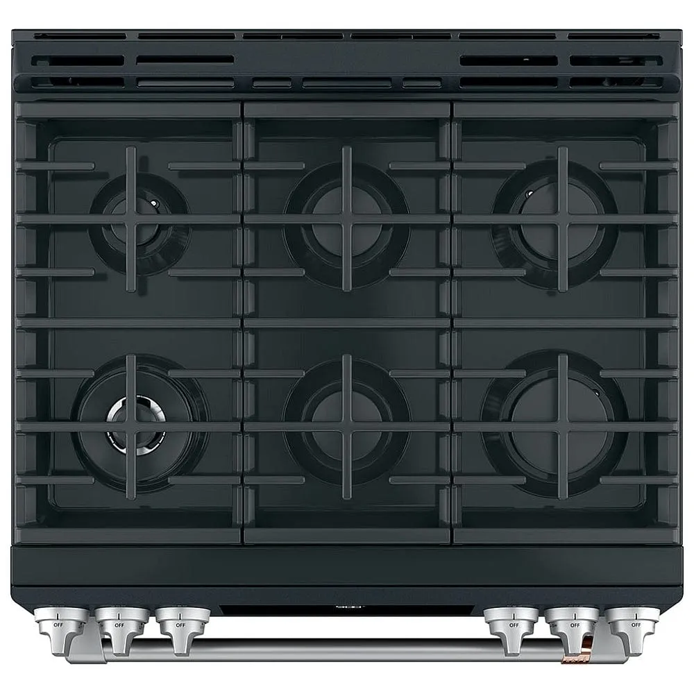 Cafe Dual Fuel Range, 30" Exterior Width, Self Clean, Convection, 6 Burners, 5.6 cu. ft. Capacity, Warming Drawer, 1 Ovens, Matte Black. (CC2S900P3M2D1/CC2S900P3MD1)