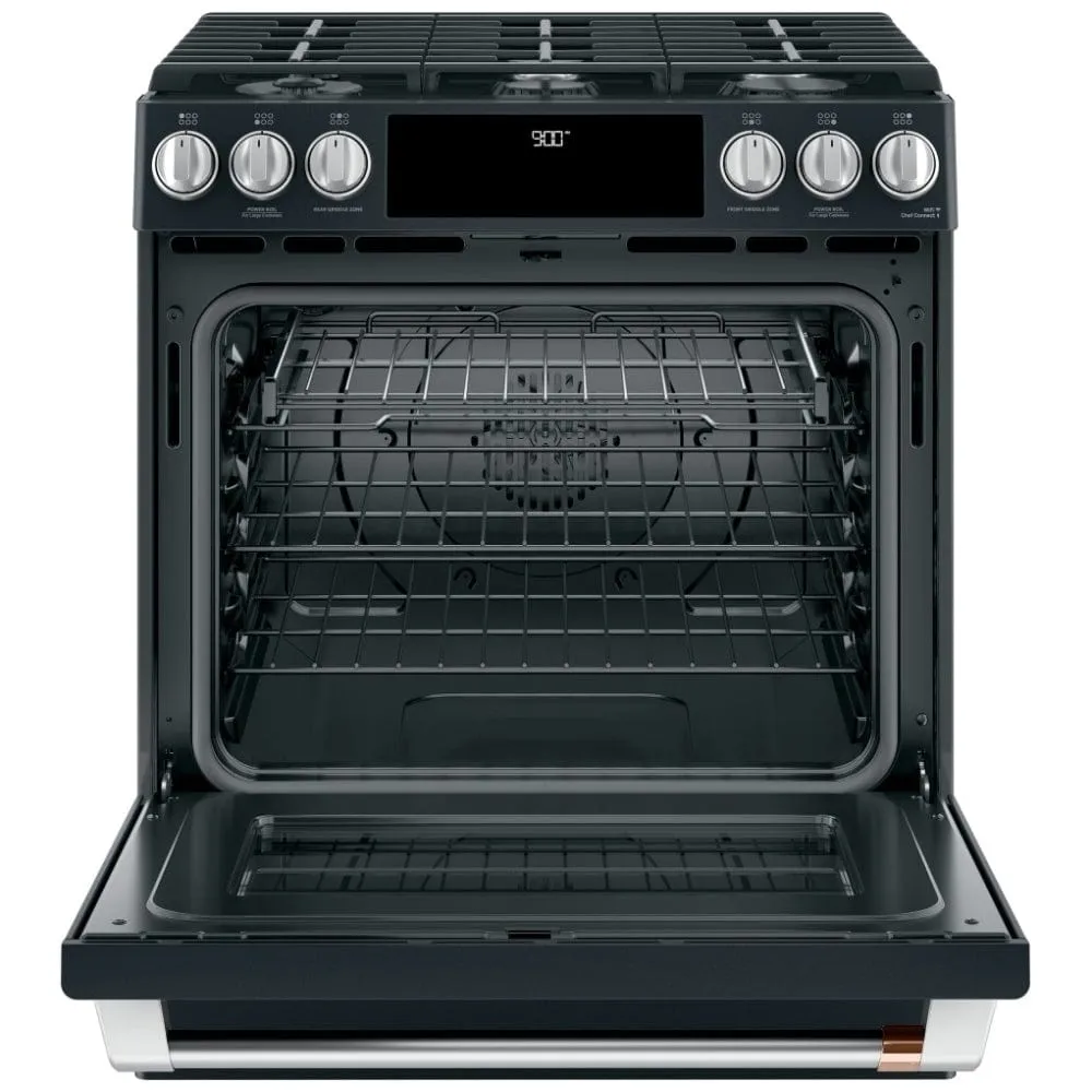 Cafe Dual Fuel Range, 30" Exterior Width, Self Clean, Convection, 6 Burners, 5.6 cu. ft. Capacity, Warming Drawer, 1 Ovens, Matte Black. (CC2S900P3M2D1/CC2S900P3MD1)